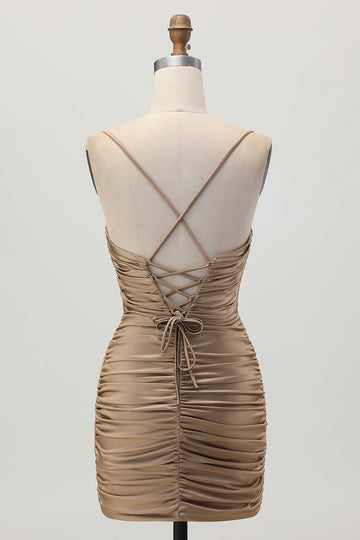 Dark Khaki Ruched Cut Out Tight Homecoming Dress